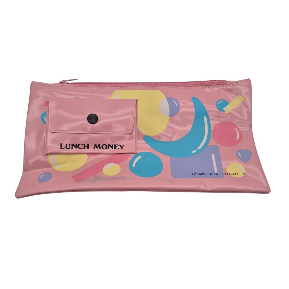 Alco Pencil Pen Marker Pouch Case Vinyl Pink Grid Lunch Money Vintage